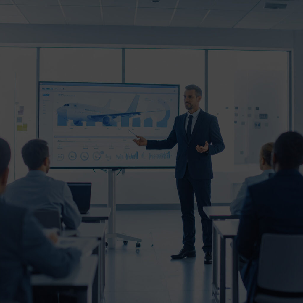 firefly one professional trainer standing at the front of a modern classroom or training room 498619